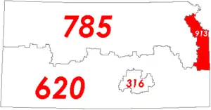 Map of Kansas with area code 913 in Red