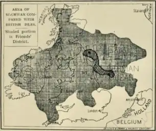 Area of Sichuan compared with British Isles. Shaded portion is Friends' Foreign Mission Association's district.