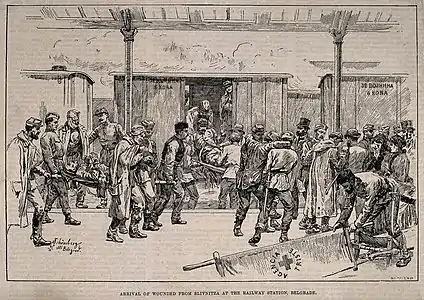 Arrival of wounded from Slivnitza at Belgrade Railway station during the Serbo-Bulgarian War of 1885