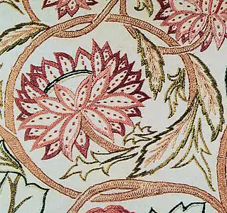 Detail of silk on linen embroidery for a pillowcase or fireplace screen by William Morris (1878)