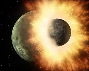 Image 3Artist's conception of the giant impact thought to have formed the Moon (from Formation and evolution of the Solar System)