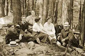 Group of artists at Mount Kisco in 1912, left to right: Paul Haviland, Abraham Walkowitz, Katharine Rhoades, Emmy Stieglitz, Agnes Meyer, Alfred Stieglitz, John Barrett Kerfoot, John Marin