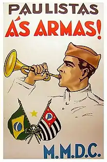 Paulista propaganda poster showing the flag of Brazil and São Paulo.