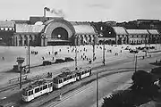 The station square and a tram in the 1930s.