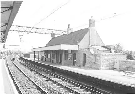 Electrification portals and overhead lines at Ashburys railway station, 1977