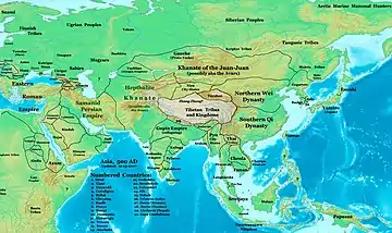 Asia in 500 CE, showing the Huna domain at its greatest extent.