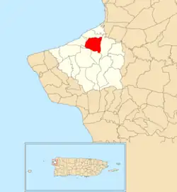 Location of Asomante within the municipality of Aguada shown in red