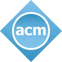 "acm" in blue circle with gray rim, surrounded by blue diamond