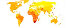 A map of the world with Europe shaded yellow, most of North and South America orange and Southern Africa a dark red