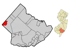 Location of Buena in Atlantic County highlighted in red (left). Inset map: Location of Atlantic County in New Jersey highlighted in orange (right).