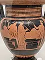 Attic red-figure column-krater attributed to the Hephaistos Painter, dating c. 450 – c. 425 BCE, depicting a hetaira playing the aulos at a symposium for two men holding lyres, Eskenazi Museum of Art