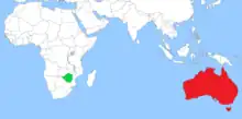 Map of the world marked with the locations of Rhodesia and Australia