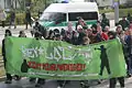 Autonome Nationalisten/Autonomous Nationalists marching behind a banner with graffiti-style lettering in 2006