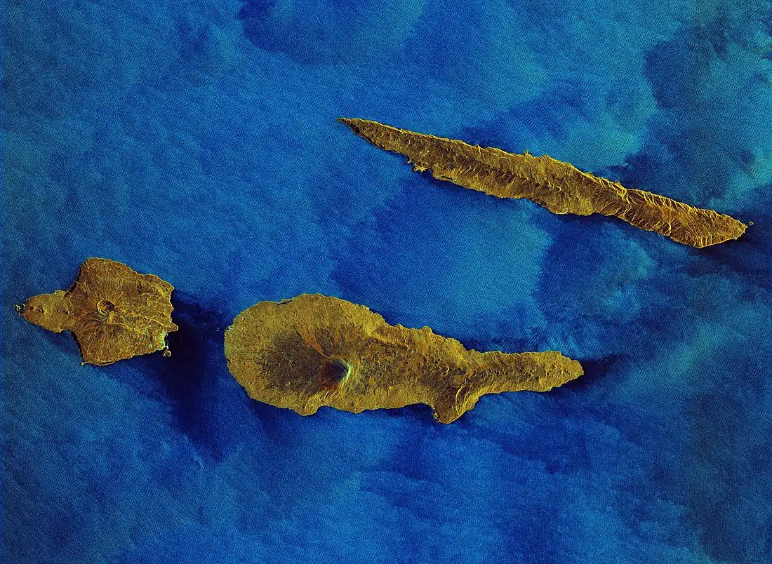 Radar image of Pico Island next to Faial and São Jorge islands