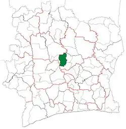 Location in Ivory Coast. Béoumi Department has retained the same boundaries since its creation in 1988.