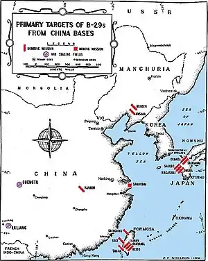 A black and white map of East Asia. Most of the cities depicted on the map are marked with bomb symbols.