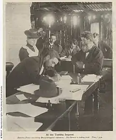 Black and white newspaper photo of people at an inquest in 1902