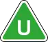 Green triangle with white U in the centre