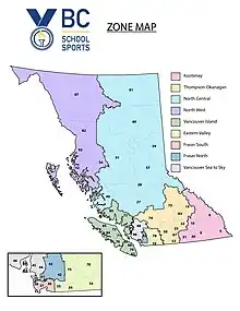 The current BC School Sports Zone Map (Description: A map of British Columbia with different coloured segments representing the nine zones that make up the province of British Columbia, along with a legend to the right of the map and the Current BC School Sports logo on top beside the underlined text "ZONE MAP"