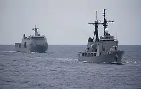 BRP Tarlac (LD-601) and BRP Ramon Alcaraz (PS-16) sail in formation during the at-sea portion of Maritime Training Activity (MTA) Sama Sama 2018.