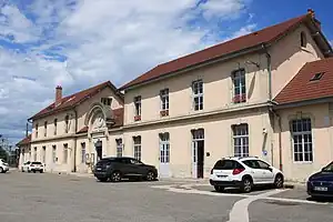 Two-story building with gabled roof