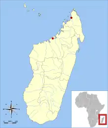 Map of Madagascar, off the southeast coast of Africa, with two marks in the extreme north and northwest of the island.