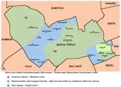 Ethnic map of the Bačka Topola municipality showing the location of settlements with Hungarian majority