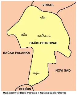 Map of the Bački Petrovac municipality, showing the location of Gložan