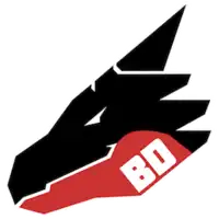 A stylised dragon's head in black, white and red, facing left. The dragon's jawbone is in red; on it are the initials "BD".