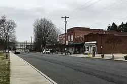 Buildings along Falls Road in Badin