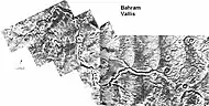 Bahram Vallis, as seen by Viking.  Valley is located in northern Lunae Planum and the Lunae Palus quadrangle.  It lies nearly midway between Vedra Valles and lower Kasei Valles.