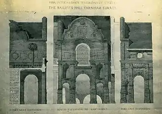 Drawing by Jill Maxwell Aylwin of he father Guy's restoration of the Bailiffs Hall undertaken with Harold Falkner in the mid 1930's