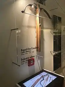 A reconstruction of Leonardo da Vinci's rapid fire crossbow as shown at the World of Leonardo Exhibition in Milan.