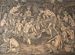 Traditional Balinese painting depicting cockfighting