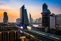 BTS Skytrain is approaching to Surasak Station (as seen from Yan Nawa, Sathon)