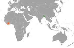 Map indicating locations of Bangladesh and Ivory Coast