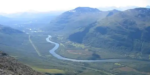 The Bardu valley and river seen from Istind in the direction of Setermoen