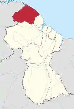 Map of Guyana showing Barima-Waini region