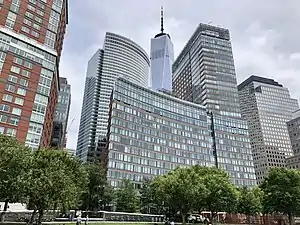 Apartment buildings in Battery Park City, with One World Trade Center visible