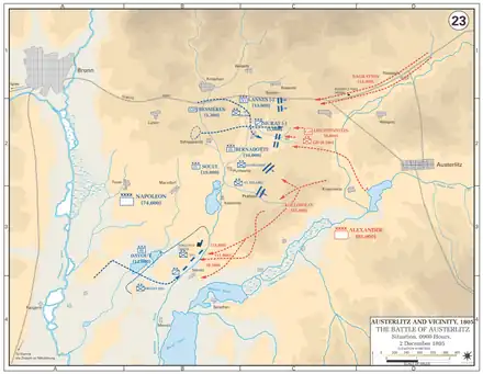 Map with blue lines showing the French advance against the Allied center, symbolized with red lines.