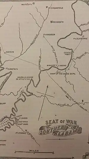 Map of Alabama during the War of 1812. Fort White is located in the upper center.