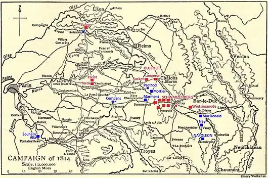 Map shows the strategic situation on 25 March 1814.