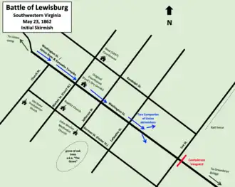 map showing two Union companies moving forward to meet the Confederate vanguard