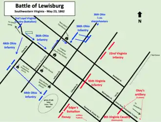 map showing Union positions on left and Confederate positions on right