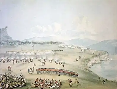 Hone Heke's pā, Puketutu, under attack. Artist: John Williams, 58th Regt, 1845Alexander Turnbull Library