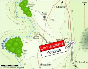 A map illustrating Mowbray's flank attack at the Battle of Towton