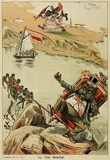 Hawaiian Bayonet Constitution cartoon showing King Kalakaua being toppled (1887)