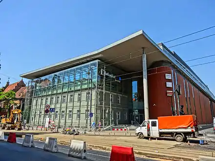 View from Jagiellońska street, with old printing building behind glass walls