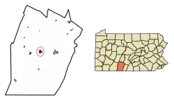 Location of Bedford in Bedford County, Pennsylvania (left) and of Bedford County in Pennsylvania (right)