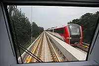 The four-car train sets of the Capital Airport Express have linear motors of instead of rotary motors. Capital Airport Express trains draw 750V DC power from the third rail, and are propelled using the aluminum strip, a "fourth rail", between the main track. Capital Airport Express trains sets are lighter than subway cars with rotary motors and can reach a top speed of 110 km/h (68 mph).